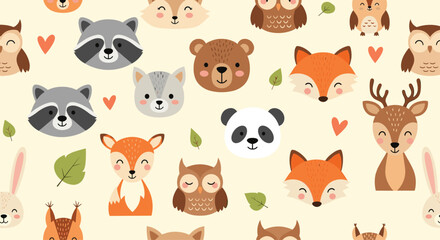 Fototapeta premium Cute cartoon woodland animals and leaves seamless pattern.