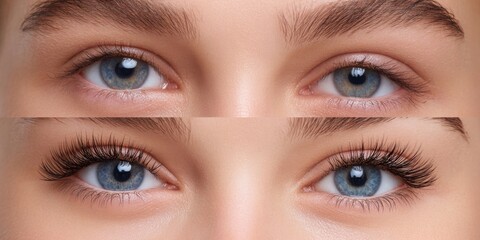 Obraz premium Closeup before and after comparison of natural and voluminous eyelashes
