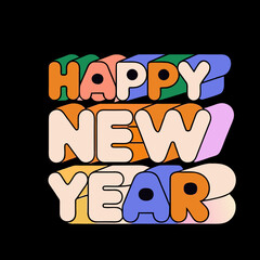 Funky 3D Happy New Year text with layered color stripes on black background lettering typography