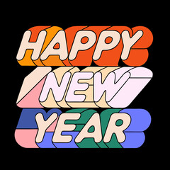 Groovy Happy New Year Text with Layered 3D Letters and Pastel Colors on Black Background lettering typography