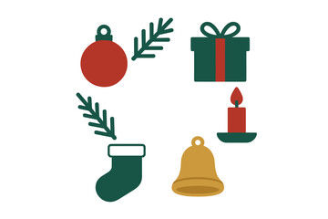 Traditional Christmas holiday icons collection including ornament, gift, candle, stocking, and bell arranged in a circle