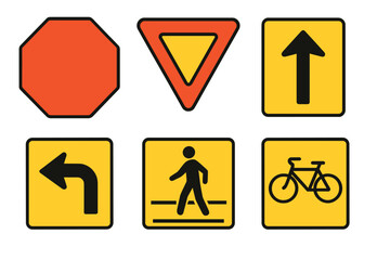 Set of six essential road safety signs including stop, yield, straight, turn, pedestrian, and bicycle symbols