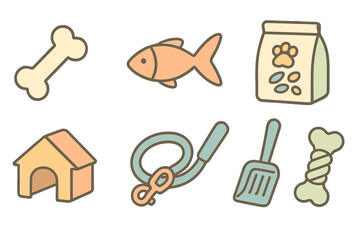 Cute pet care accessories and supplies set featuring food, toys, and housing items