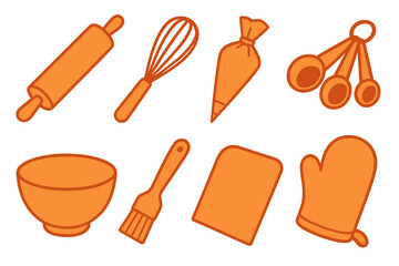 Set of essential kitchen utensils and tools for baking and pastry preparation
