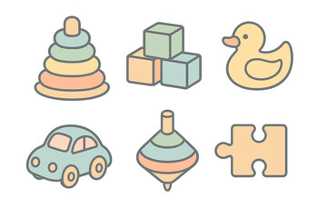 Set of classic baby and toddler toys including stacking rings, building blocks, rubber duck, spinning top, and puzzle