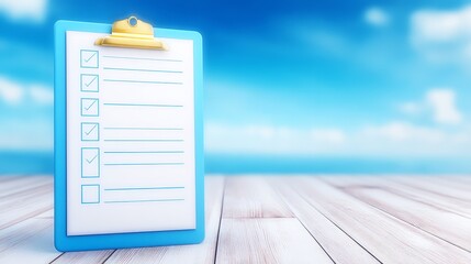 Brightly colored blue clipboard with gold clip standing upright on light wooden deck or pier against blurred background