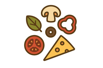 Fresh pizza toppings assortment including cheese tomato mushroom bell pepper olive and basil