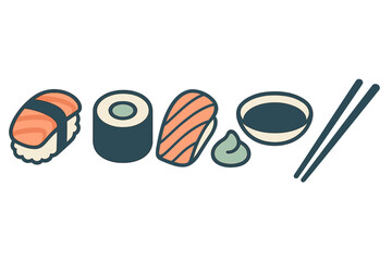 Collection of popular Japanese sushi dishes including salmon nigiri, maki roll, wasabi, and chopsticks © Mark