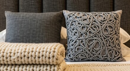 Cozy modern bedroom with textured pillows and knitted blanket