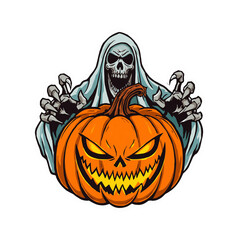 Eerie Halloween Pumpkin and Grim Reaper Illustration for Festive Occasions, Black Background