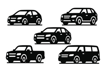 Set of five different modern transportation vehicles including sedan SUV pickup truck and minivan