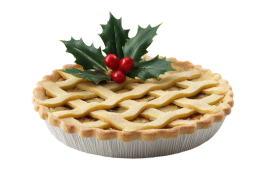 Festive lattice pie with holly decoration on white background