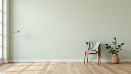 An interior setting with a focus on minimalist design. There is a full height wall painted in a light green hue, creating a calm and serene atmosphere