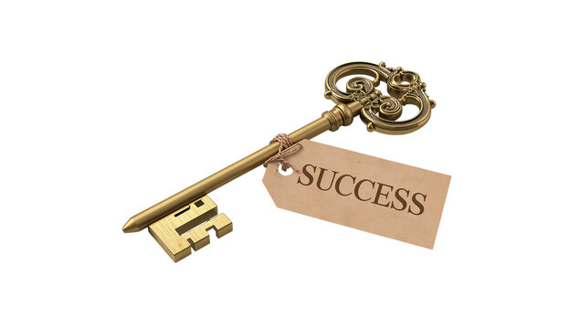 A decorative golden key with a tag that reads 'success' on a black background