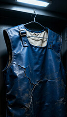 Cracked blue lead apron for radiology hanging in a dark locker. Damaged and worn protective x-ray safety vest. Hazardous medical work and radiation protection concept