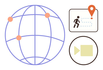 Globe with connection points, location icon, running figure, and video play button. Ideal for communication, navigation, media sharing, global collaboration remote work tracking learning. Simple
