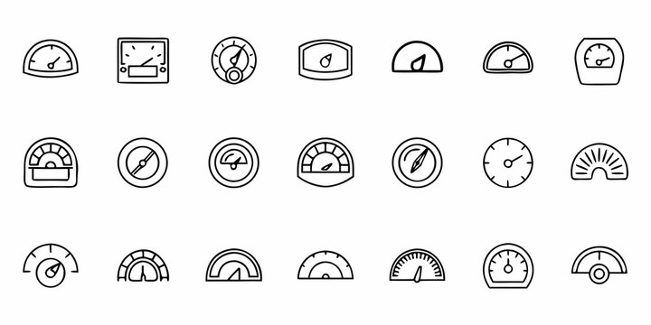 Dynamic collection of diverse gauge icons showcasing speed, performance, and measurement indicators for modern dashboards and industrial applications