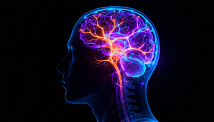 A glowing illustration of the human brain and nervous system. Medical concept for neurology, neuroscience, and intelligence on a black background