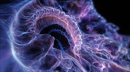 Futuristic medical imaging of a cellular structure. Abstract blue and purple background for science and technology. International Day of Radiology concept