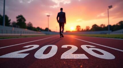 A man in a suit walks on a track marked "2026" at sunset.