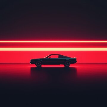 Retro Car Silhouette with Neon Lights Against Dark Background