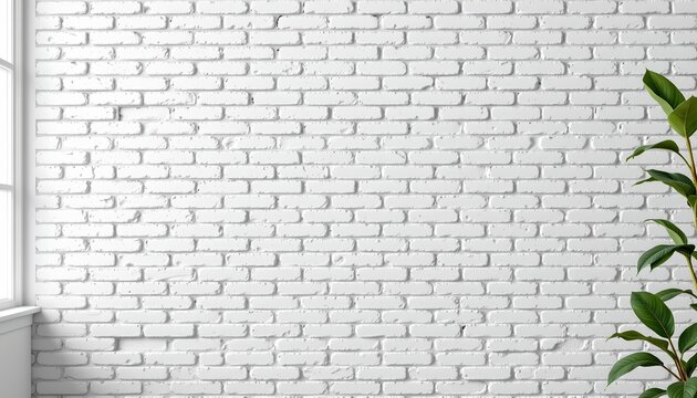 Fototapeta A plain white brick wall with a plant to the right and a window to the left, both positioned against a gray sky background.