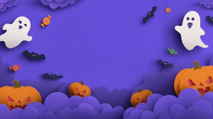 Halloween festive scene with pumpkins ghosts and bats on purple background