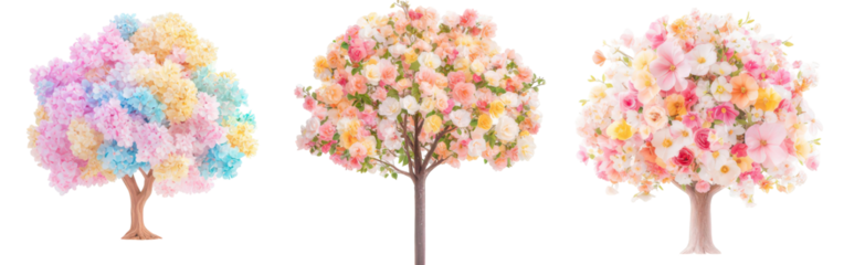 Blossom Fantasy: Three whimsical trees bursting with pastel-colored flowers offer a visual delight, evoking feelings of spring and the beauty of nature.