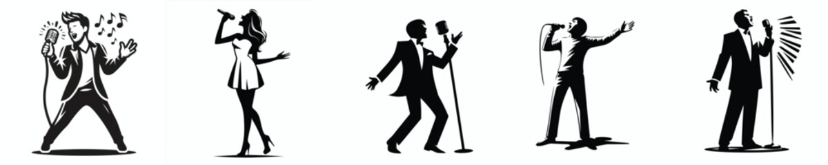 Vector set of black and white images of people singing