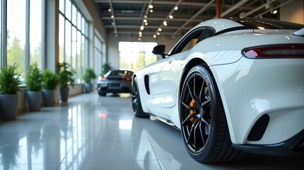 A white sports car in a bright showroom with potted plants and another car in the background.