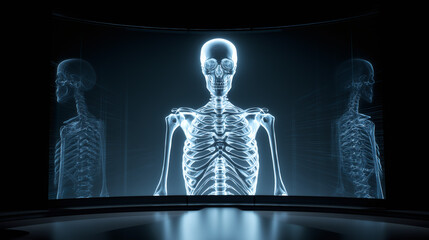Holographic display of a human skeleton in multiple views. Futuristic medical imaging and radiology technology. Human anatomy and science concept