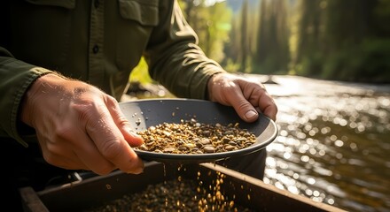 A person's hands are carefully panning for gold in a river, sifting through gravel and sand with a pan, surrounded by a natural forest environment.