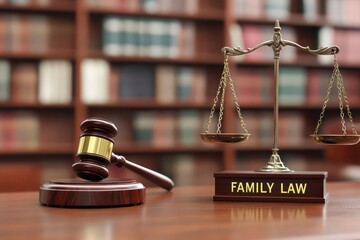 Family Law Concept with Gavel and Scales in a Law Library Setting