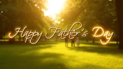 Shimmering golden "Happy Father's Day" text animates over a sun-drenched park background. A subtle silhouette of a happy family in the distance adds a heartfelt, joyful touch