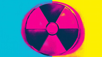 Vibrant radiation hazard symbol with a spray paint texture. Modern pop art graphic on a colorful split background for science and medical concepts