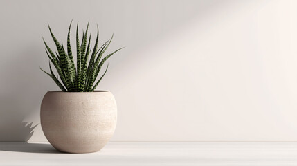 Minimalist snake plant in a ceramic pot on a white table. Modern home decor and interior design concept with copy space