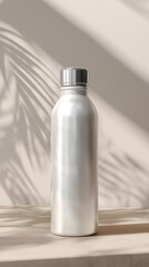 Reusable metal water bottle mockup on a neutral background. Minimalist product photography with tropical palm leaf shadows. Sustainability and healthy lifestyle concept