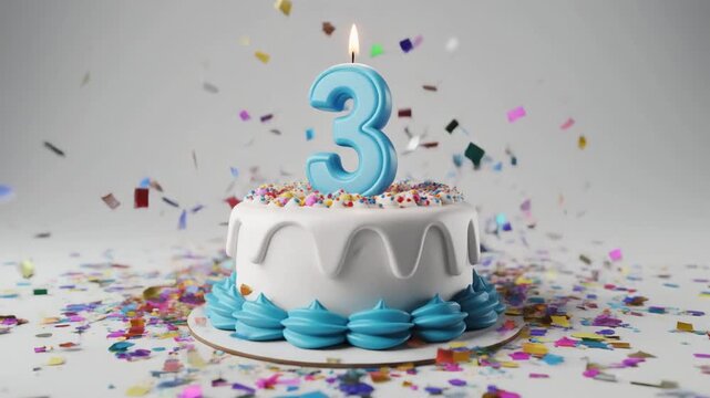 White and blue birthday cake with candle number 3. Solid white background with falling confetti. Video for 3rd birthday or anniversary party