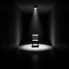 Single Wooden Chair Lit in Dark Hallway Black and White Image