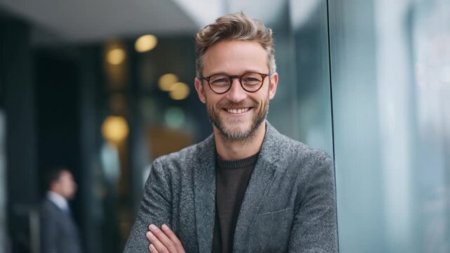 Smiling Portrait: A confident individual, radiating intelligence and approachability, leans against a modern glass structure, a testament to professional poise and optimistic perspective.