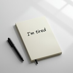 Beige Notebook Saying I'm Tired with Black Pen on White Surface in Soft Lighting
