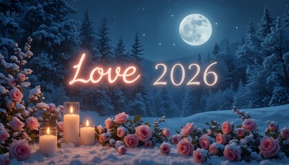 Moonlit snowy night — the text ‘Love 2026’ glowing softly above roses and candles"