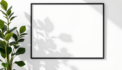 A simple yet aesthetically pleasing setting featuring an empty picture frame on a wall next to a potted plant with broad green leaves