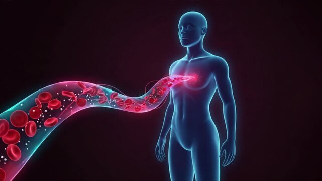 A body with glowing blood cells and sugar particles flowing into human body, diabetes concept, diabetic care