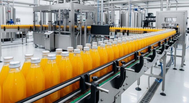 Automated beverage production line with orange juice bottles in modern factory setting - Powered by Adobe