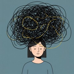 Stressed Woman with Tangled Thought Cloud on Blue Background