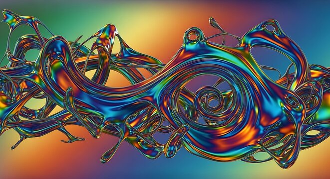 Abstract colorful flowing shapes with iridescent surfaces on vibrant background