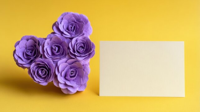 A vibrant cluster of purple flowers resembling roses sits beside a plain off-white rectangular card on a warm yellow bac