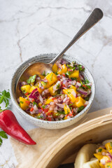 Fresh Mango Salsa in Ceramic Bowl