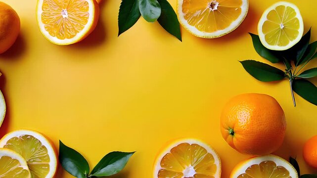 Fresh Citrus Fruits Frame on Bright Yellow Background with Copy Space
